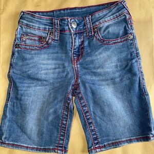 True Religion Blue Denim Shorts with Red Accents